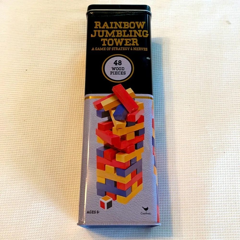 Rainbow Jumbling Tower a game of Strategy Tin box 48 Pieces Ages 6+